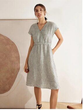 LINTICO 100% Linen Black Striped Elastic Waist Dress Size S